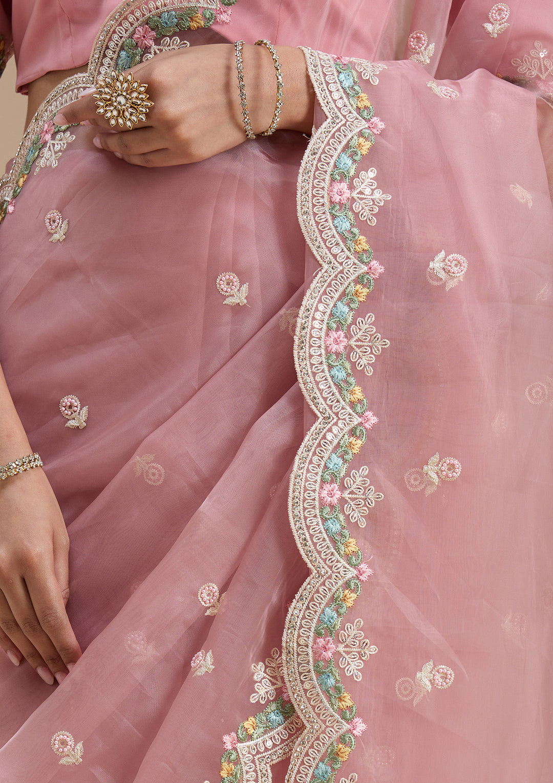 Onion Pink Threadwork Tissue Saree