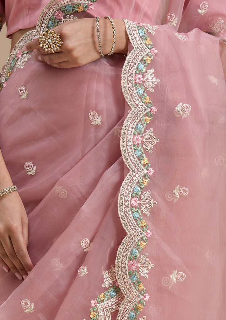 Onion Pink Threadwork Tissue Saree
