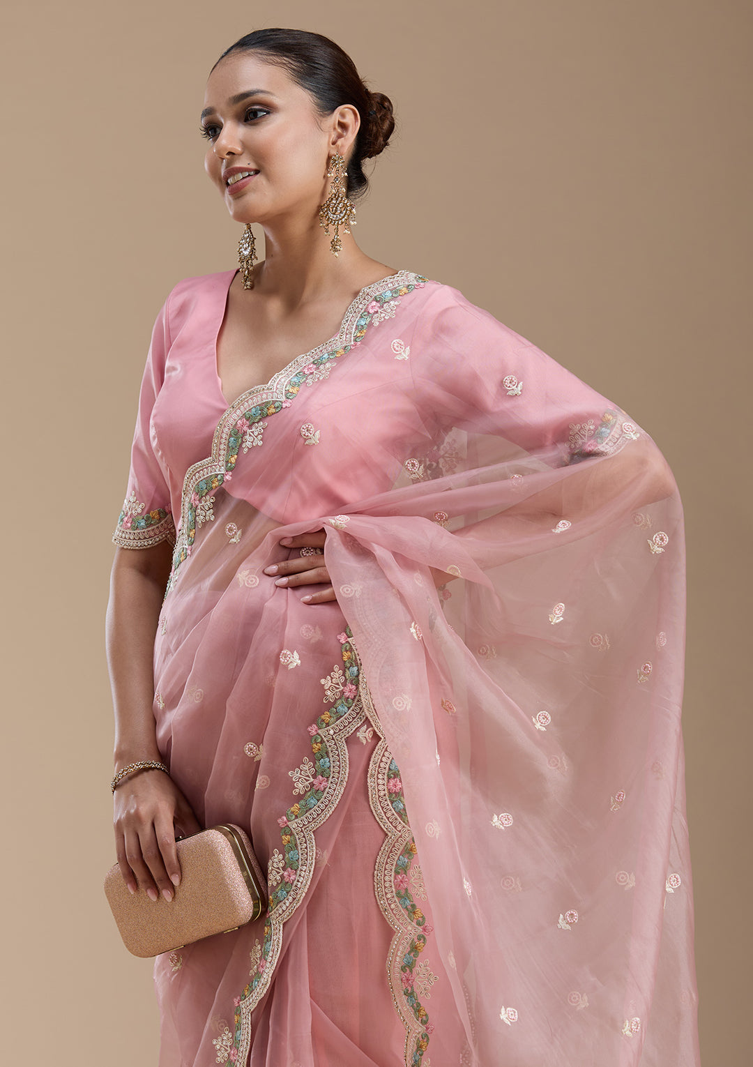 Onion Pink Threadwork Tissue Saree