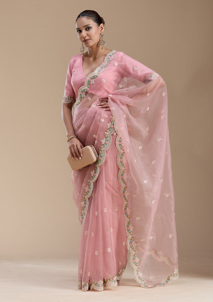Onion Pink Threadwork Tissue Saree