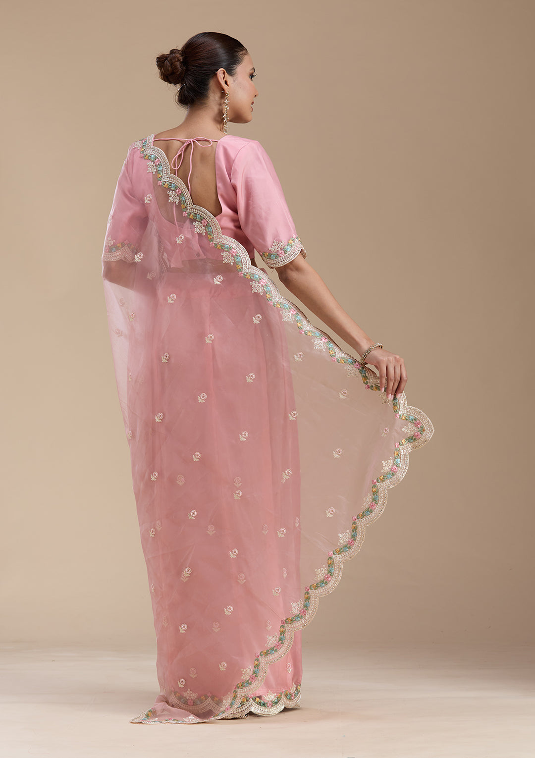 Onion Pink Threadwork Tissue Saree