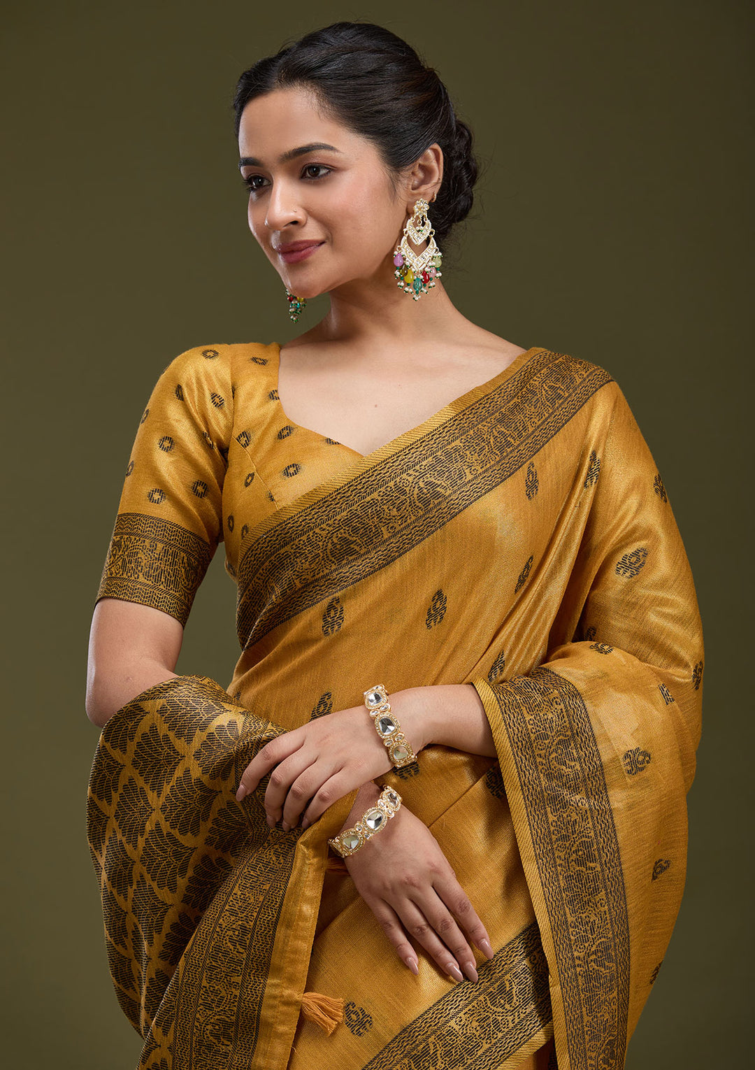 Mustard Printed Art Silk Saree