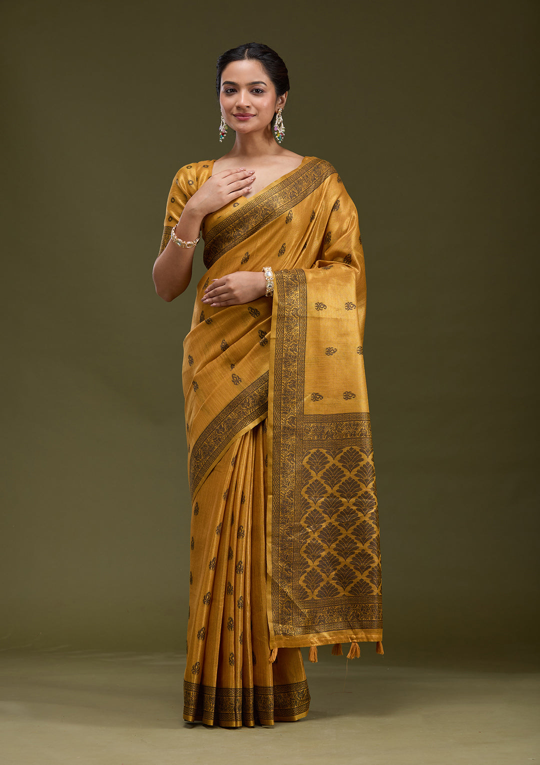 Mustard Printed Art Silk Saree