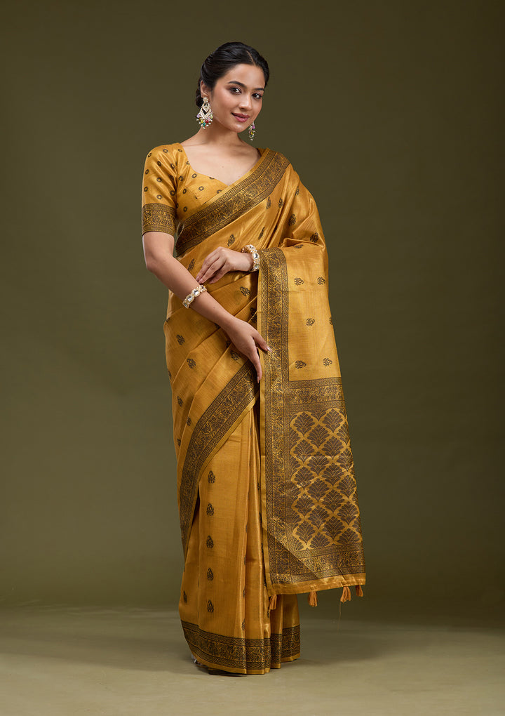 Mustard Printed Art Silk Saree