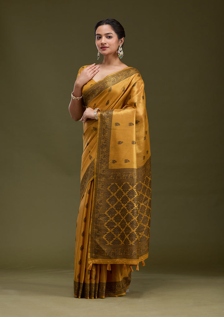 Mustard Printed Art Silk Saree