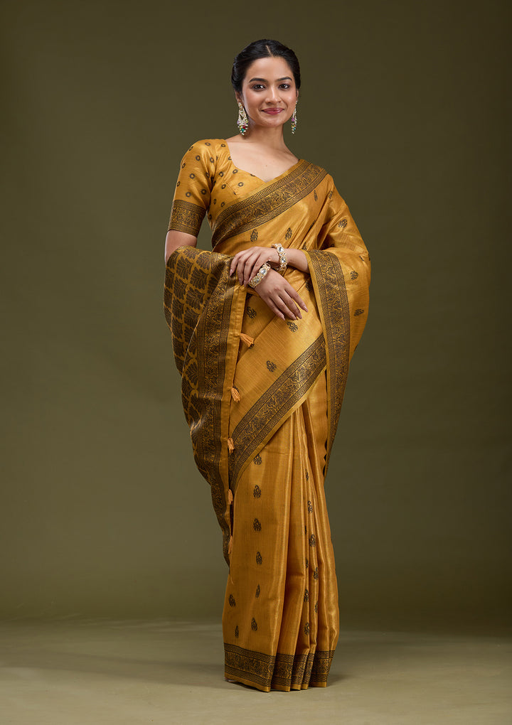 Mustard Printed Art Silk Saree