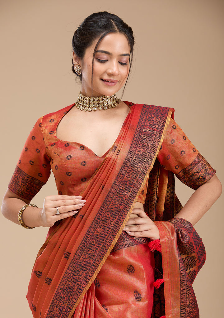 Rust Printed Art Silk Saree