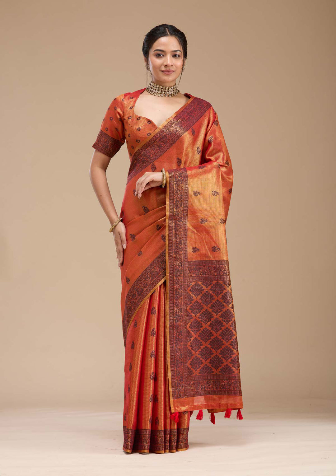 Rust Printed Art Silk Saree