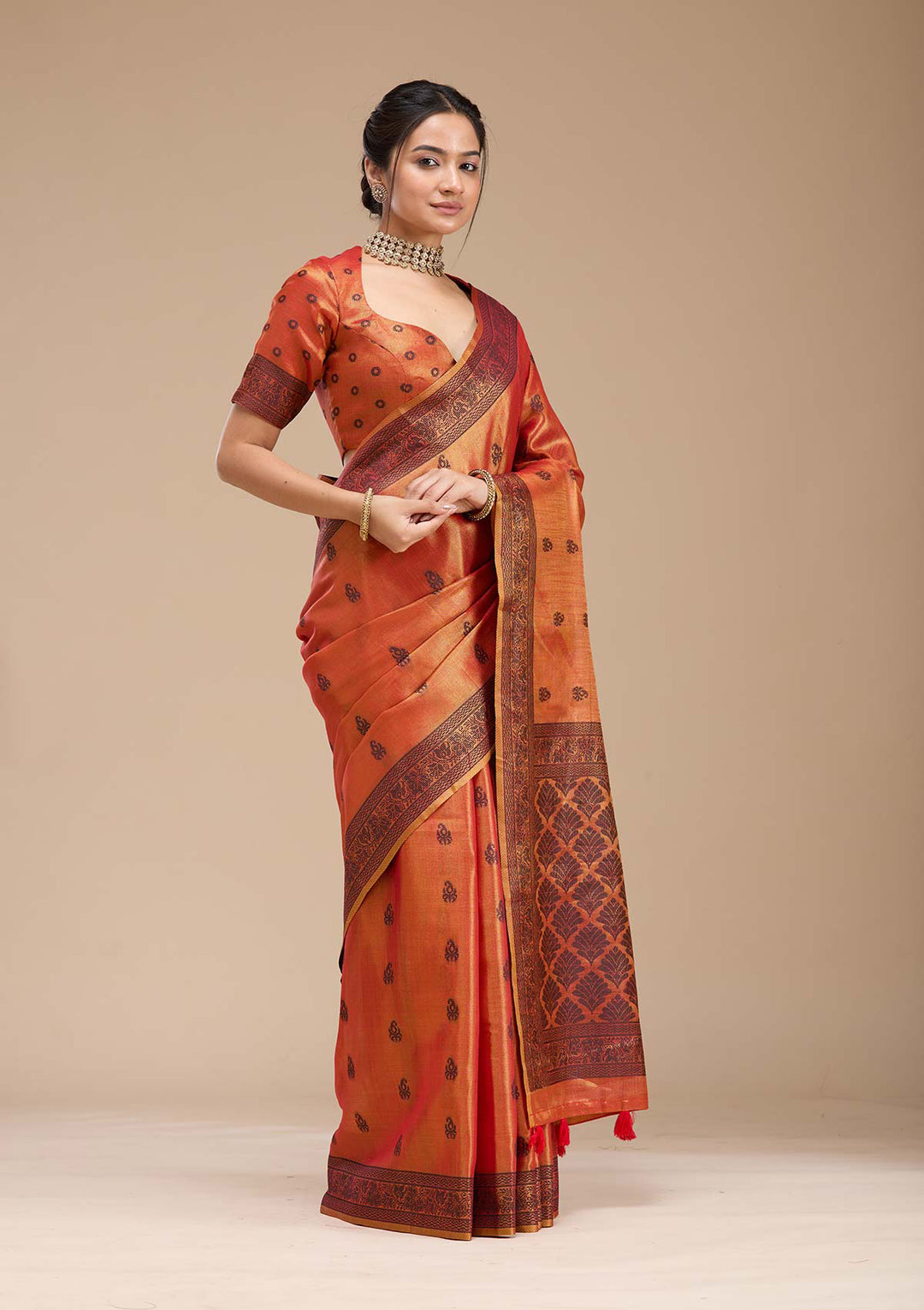 Rust Printed Art Silk Saree