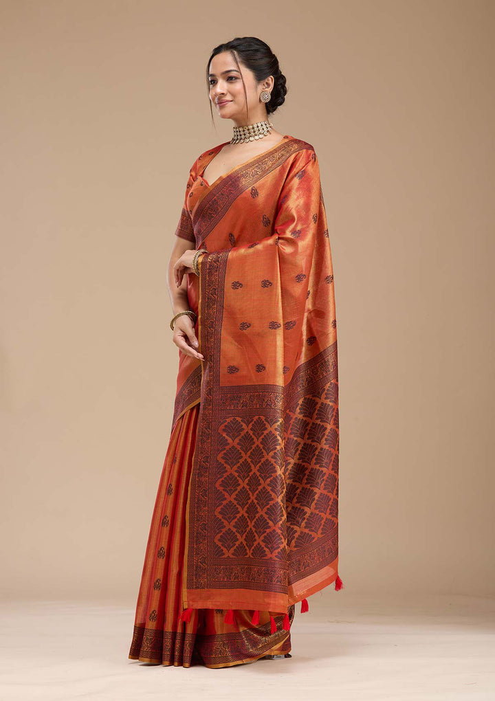 Rust Printed Art Silk Saree