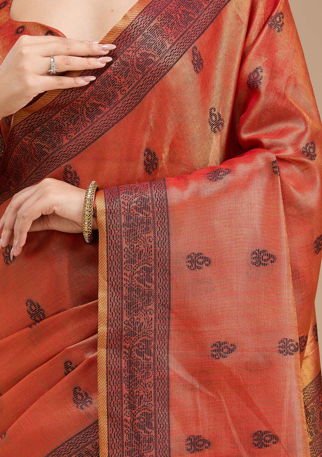 Rust Printed Art Silk Saree