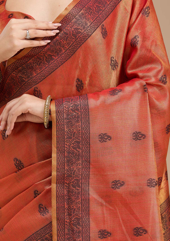 Rust Printed Art Silk Saree