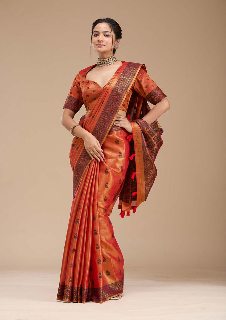 Rust Printed Art Silk Saree