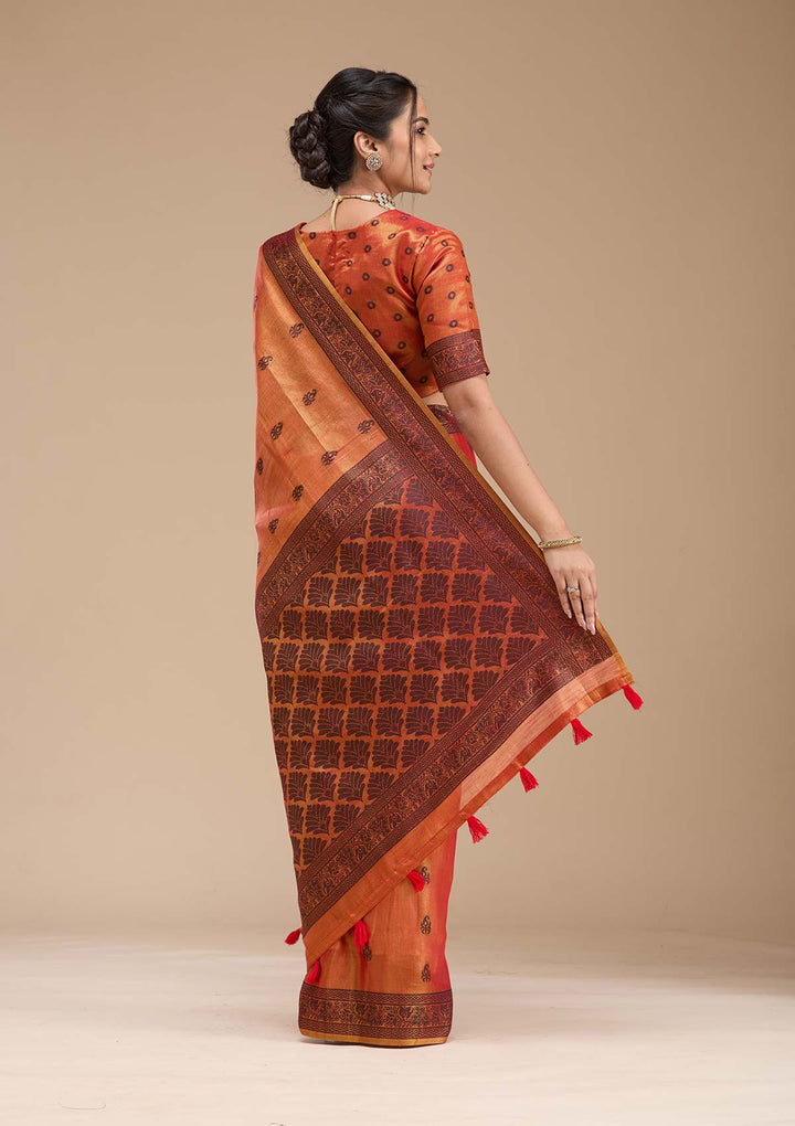Rust Printed Art Silk Saree