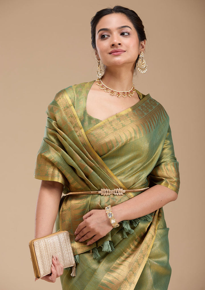 Mehendi Printed Linen Silk Saree