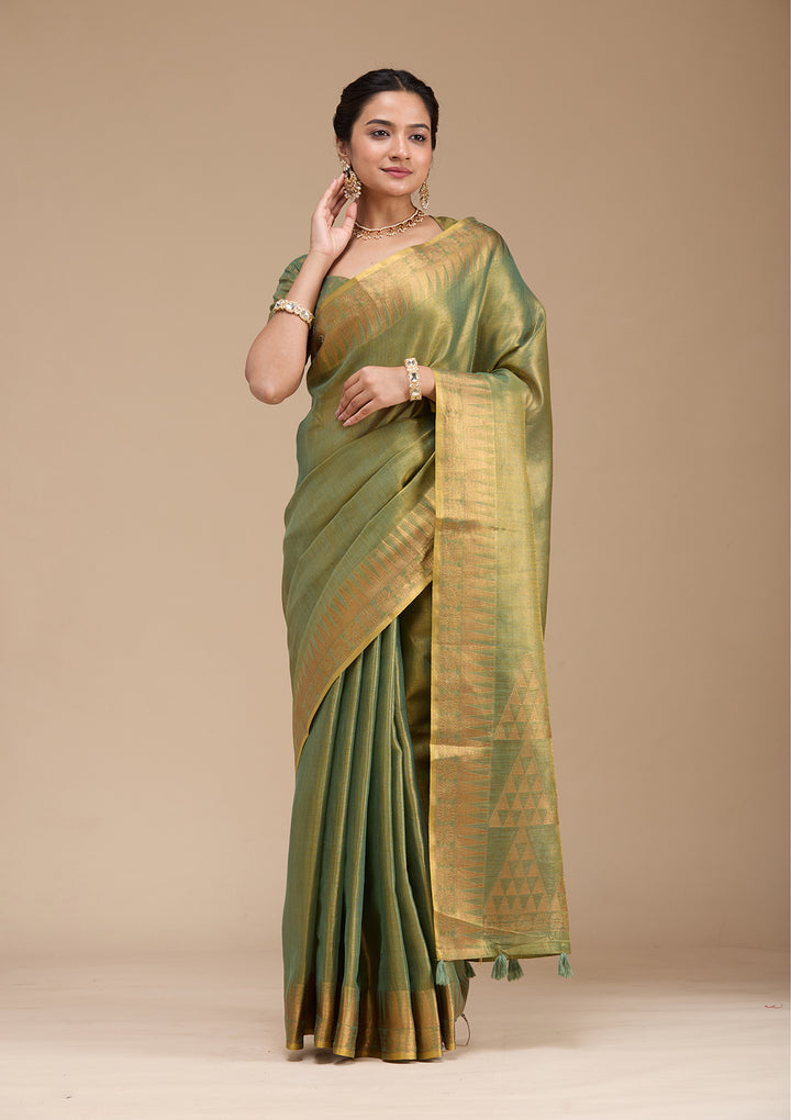 Mehendi Printed Linen Silk Saree