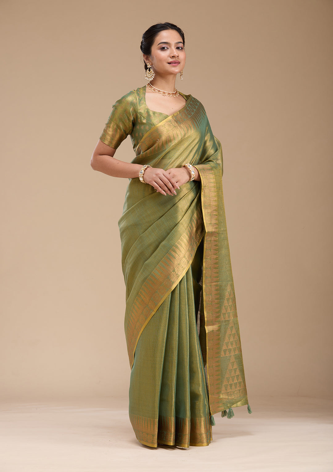Mehendi Printed Linen Silk Saree