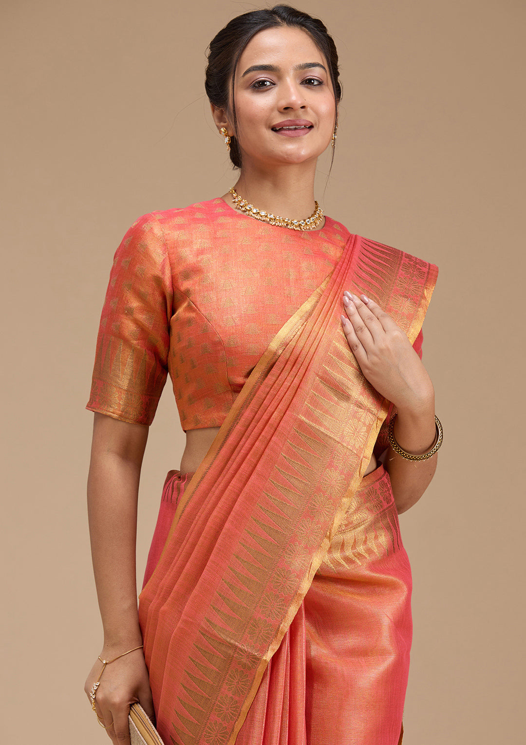 Rust Printed Linen Silk Saree