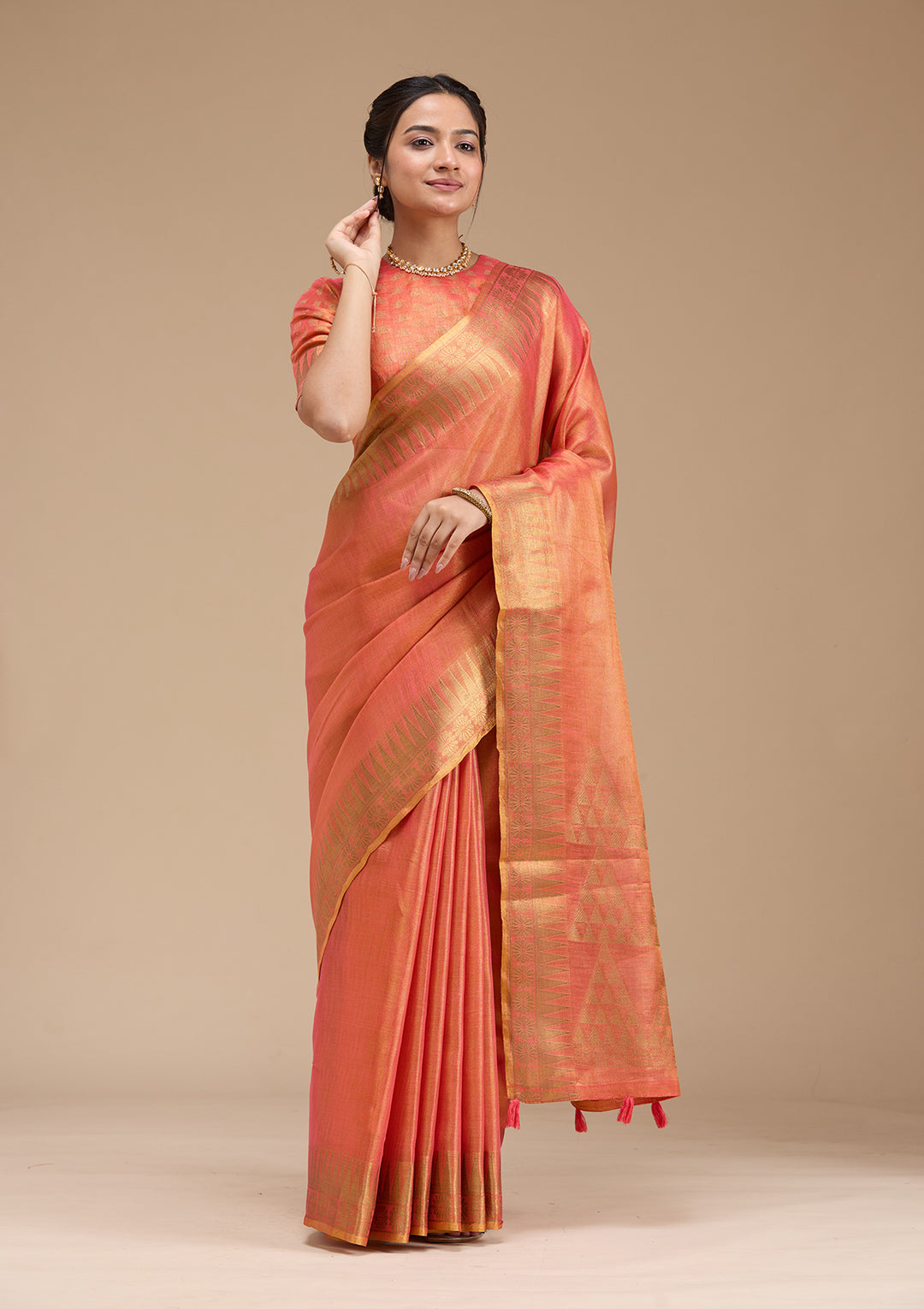 Rust Printed Linen Silk Saree