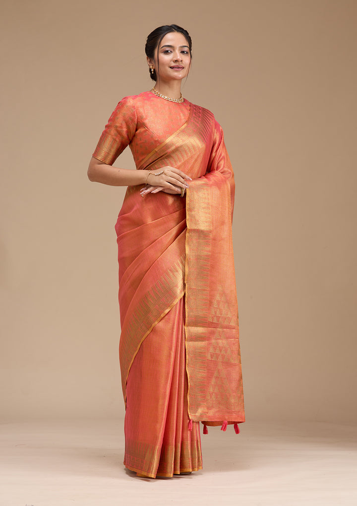 Rust Printed Linen Silk Saree