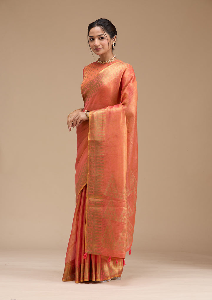 Rust Printed Linen Silk Saree