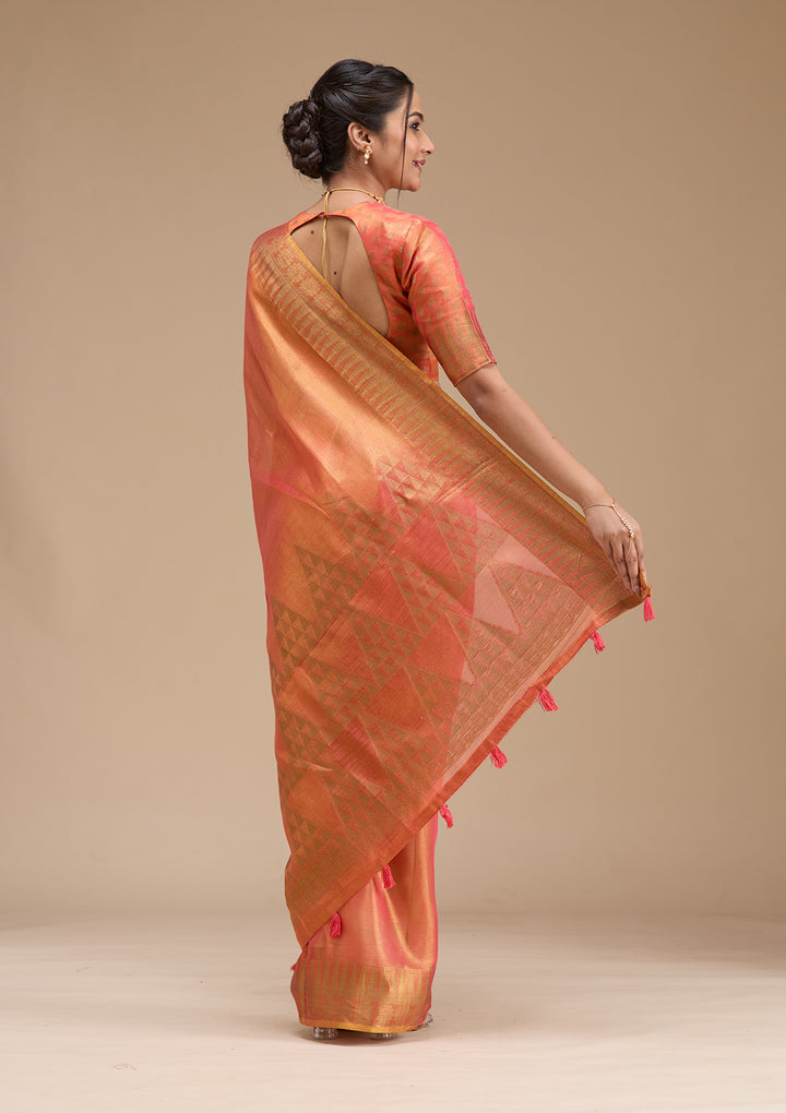 Rust Printed Linen Silk Saree