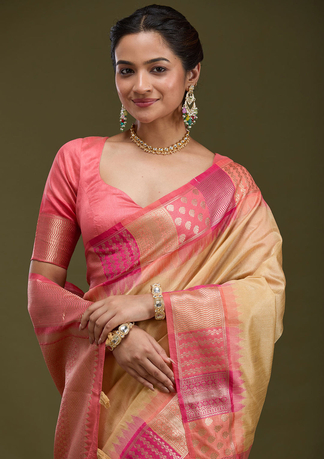 Beige Printed Art Silk Saree