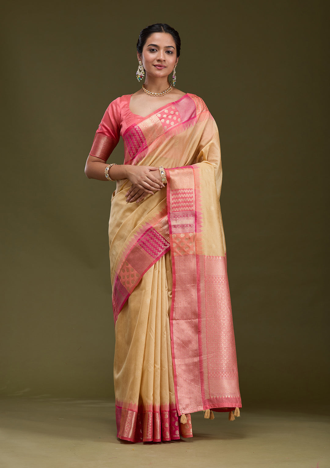Beige Printed Art Silk Saree