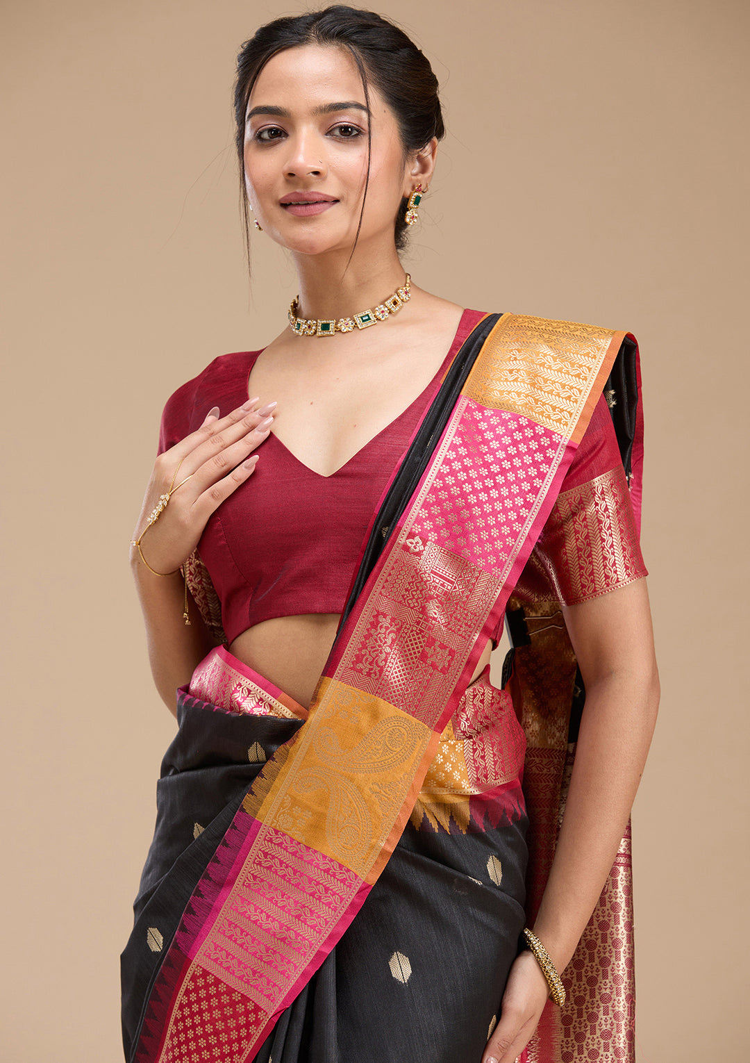 Black Printed Art Silk Saree