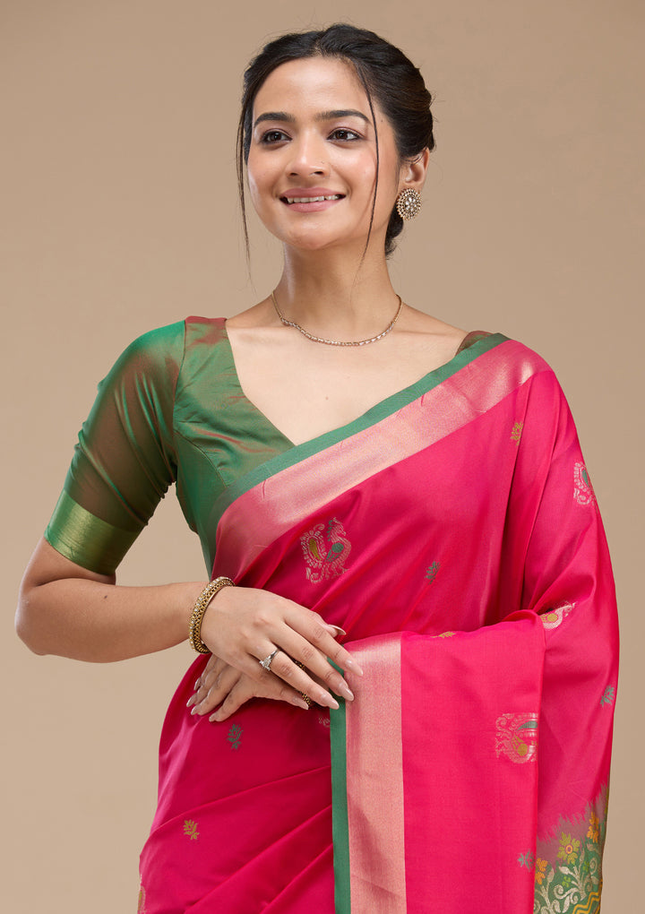 Rani Pink Printed Art Silk Saree