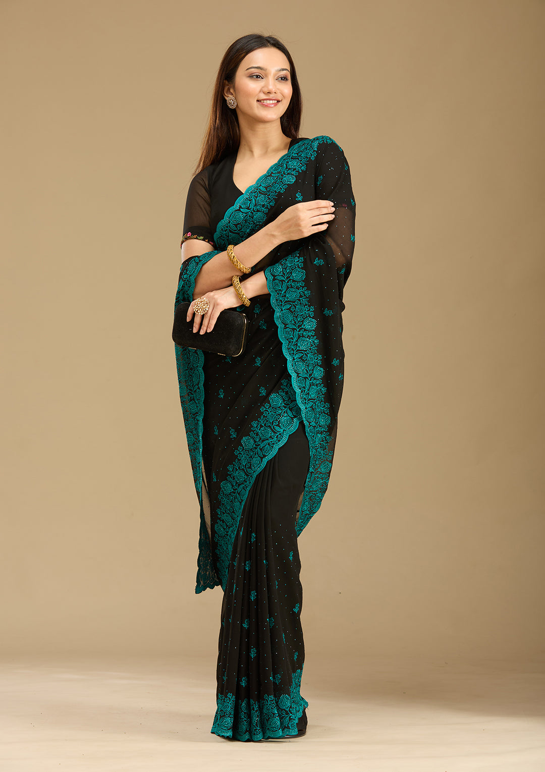 Black Threadwork Georgette Saree