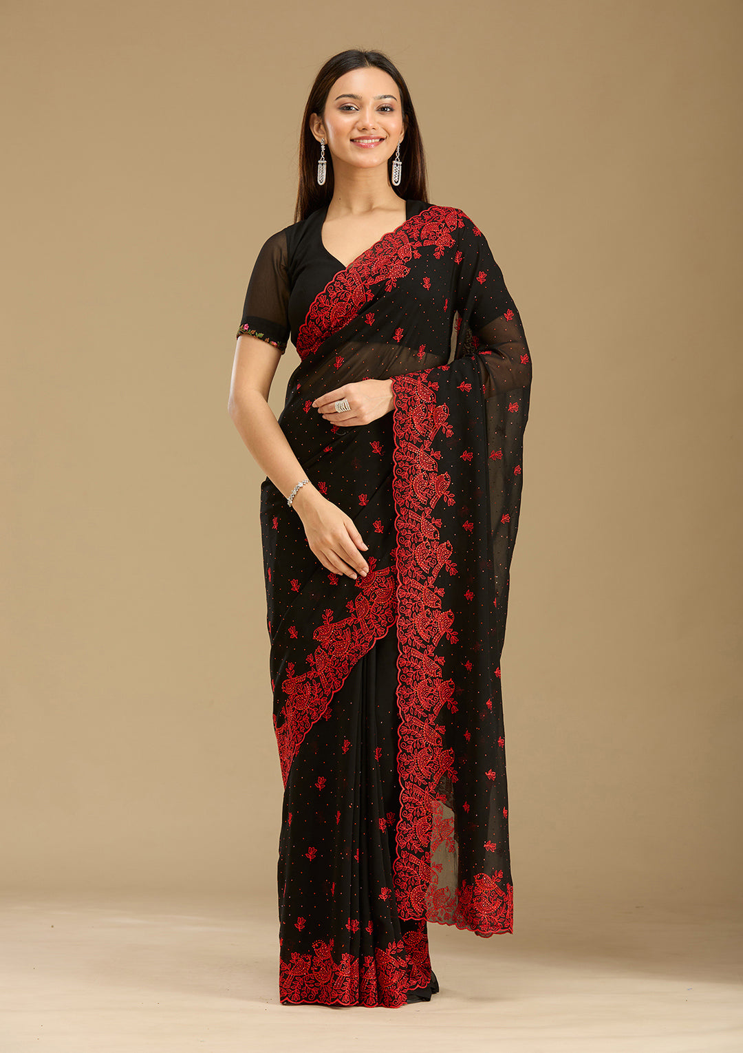 Black Threadwork Georgette Saree