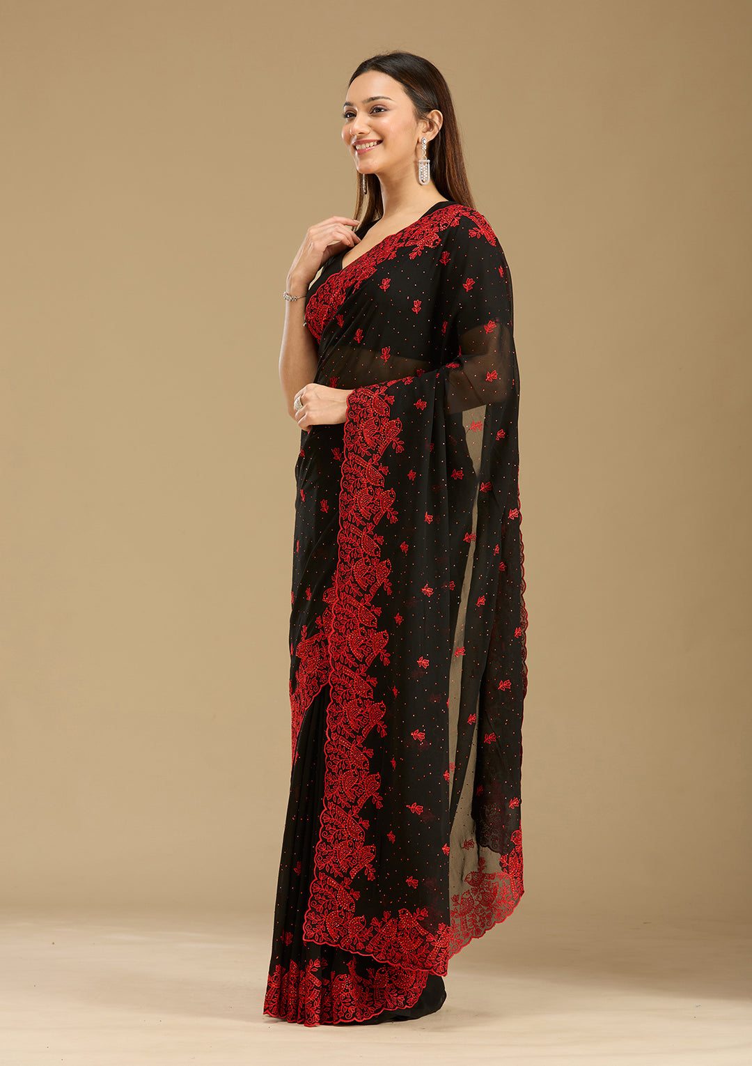 Black Threadwork Georgette Saree