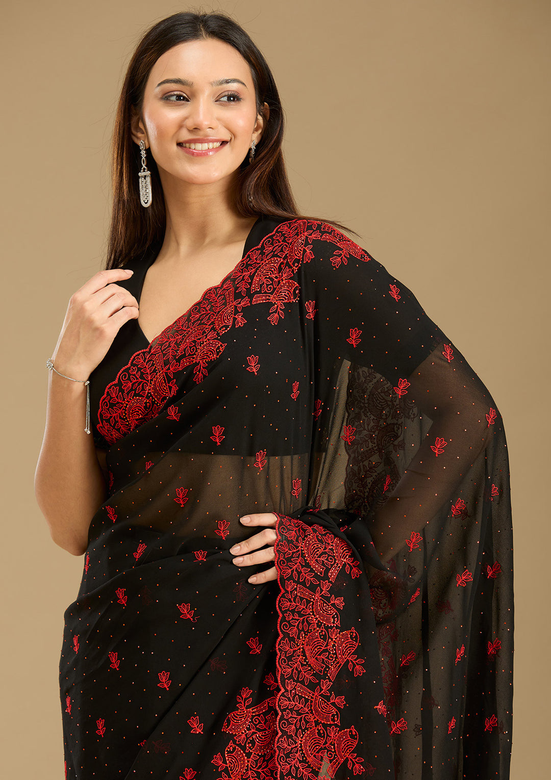 Black Threadwork Georgette Saree