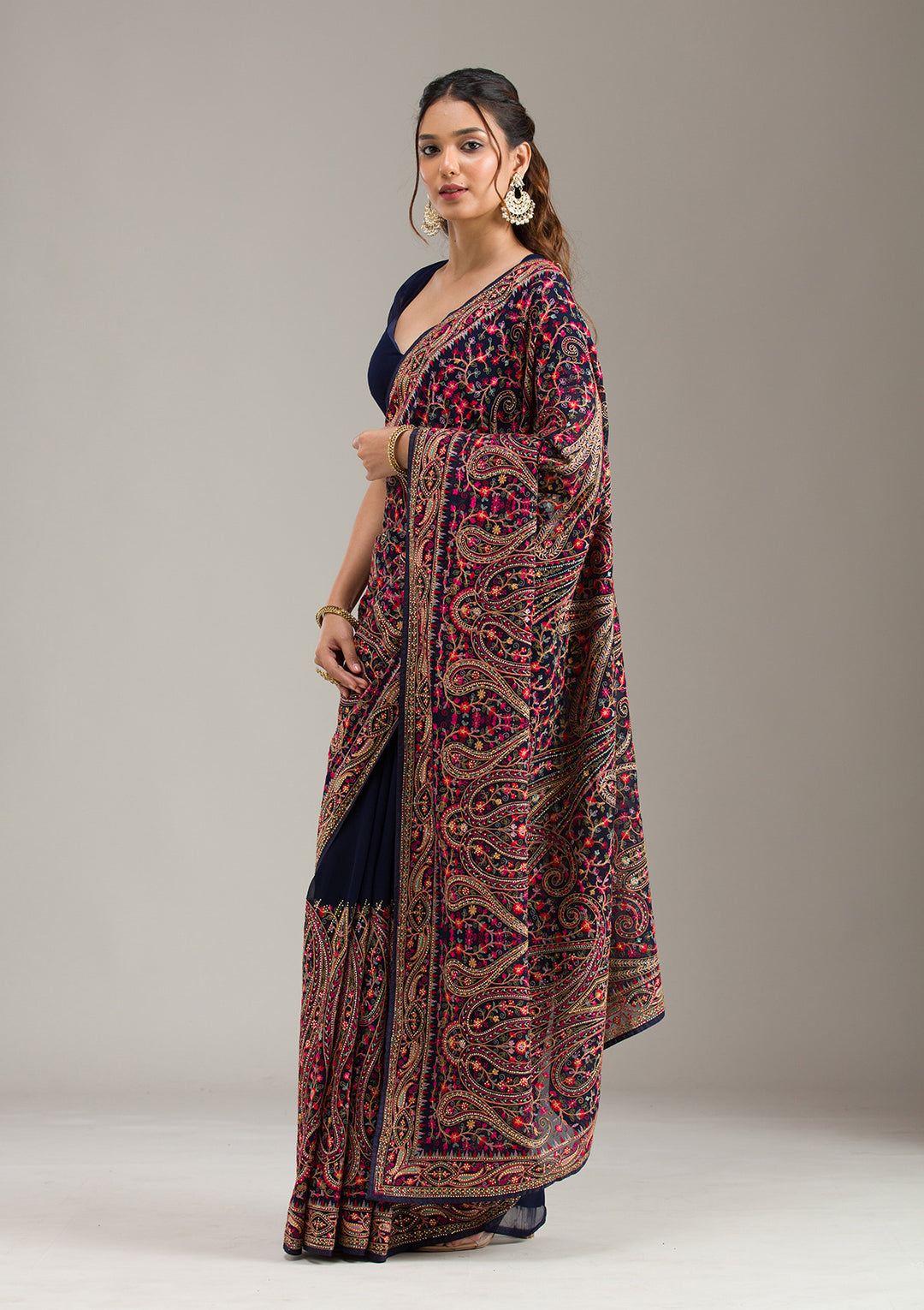 Navy Blue Zariwork (Gold) Organza Saree