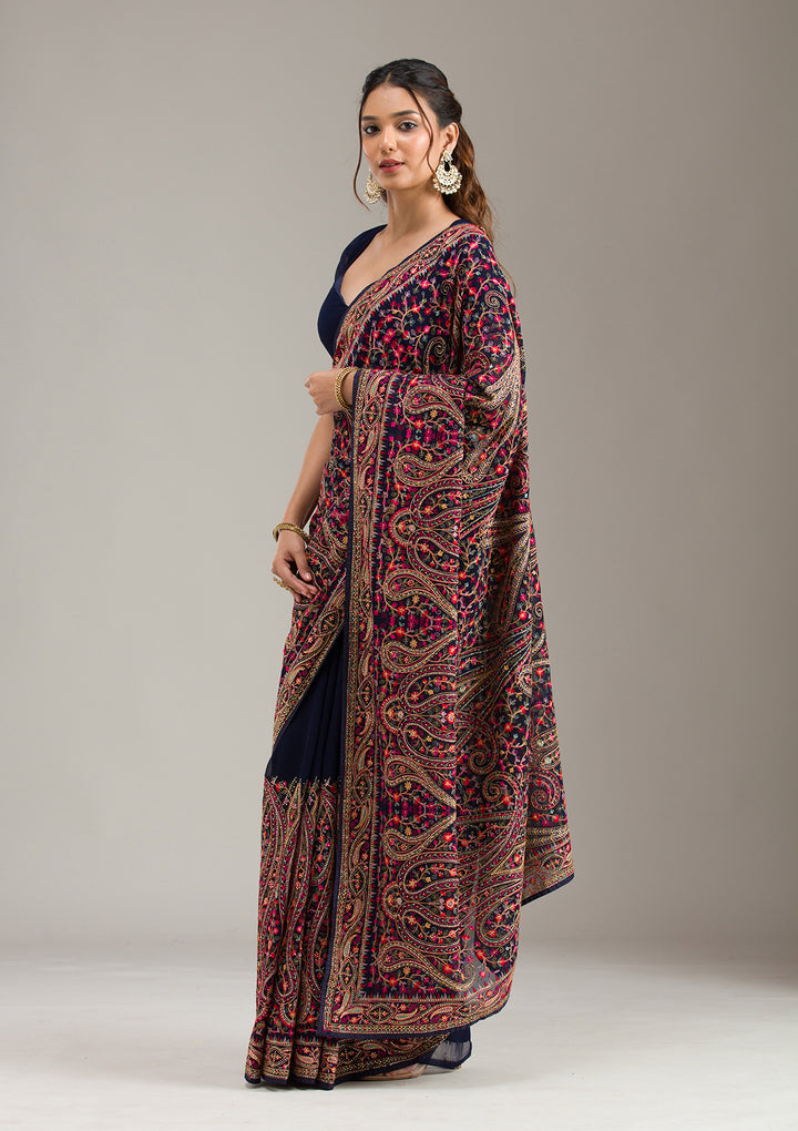 Navy Blue Zariwork (Gold) Organza Saree