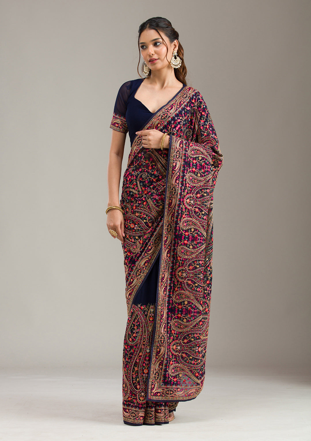 Navy Blue Zariwork (Gold) Organza Saree
