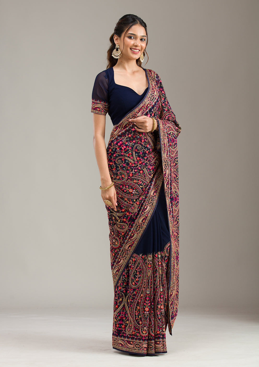 Navy Blue Zariwork (Gold) Organza Saree