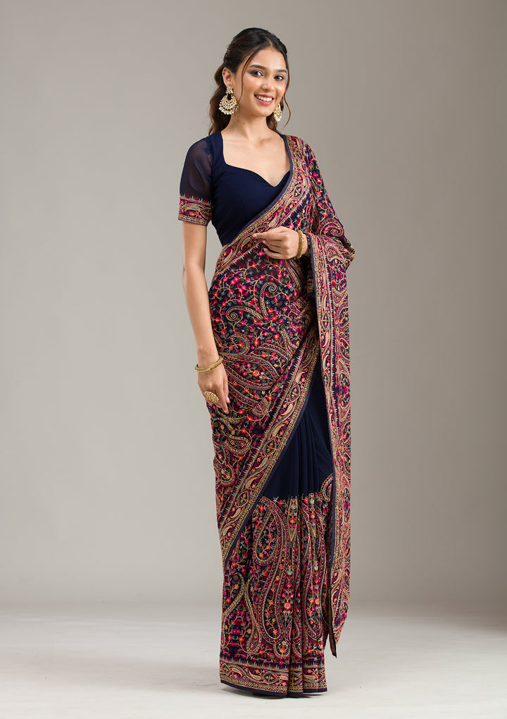 Navy Blue Zariwork (Gold) Organza Saree