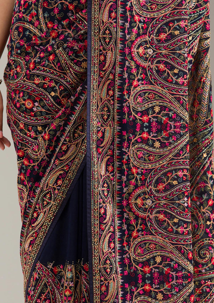 Navy Blue Zariwork (Gold) Organza Saree