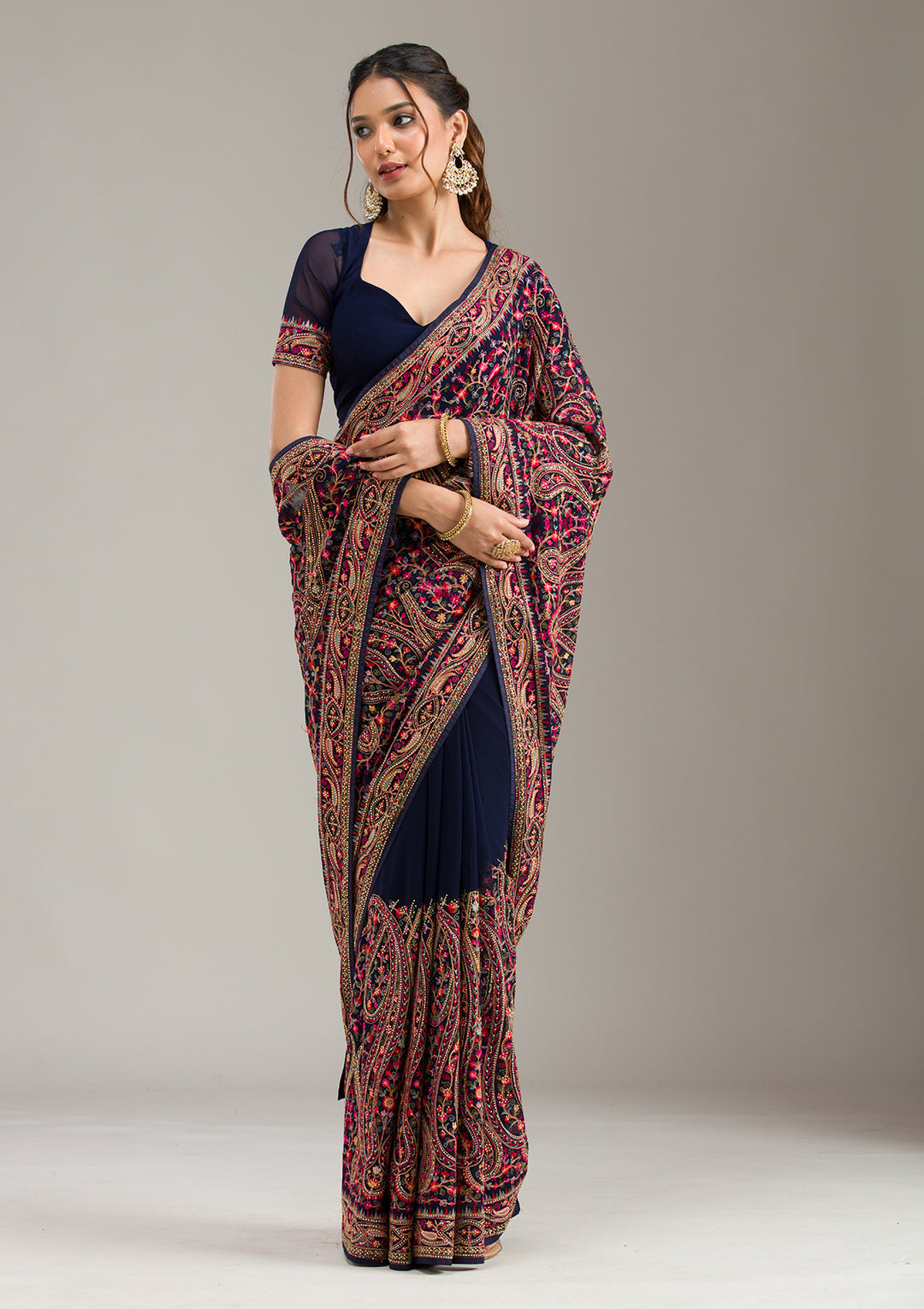 Navy Blue Zariwork (Gold) Organza Saree