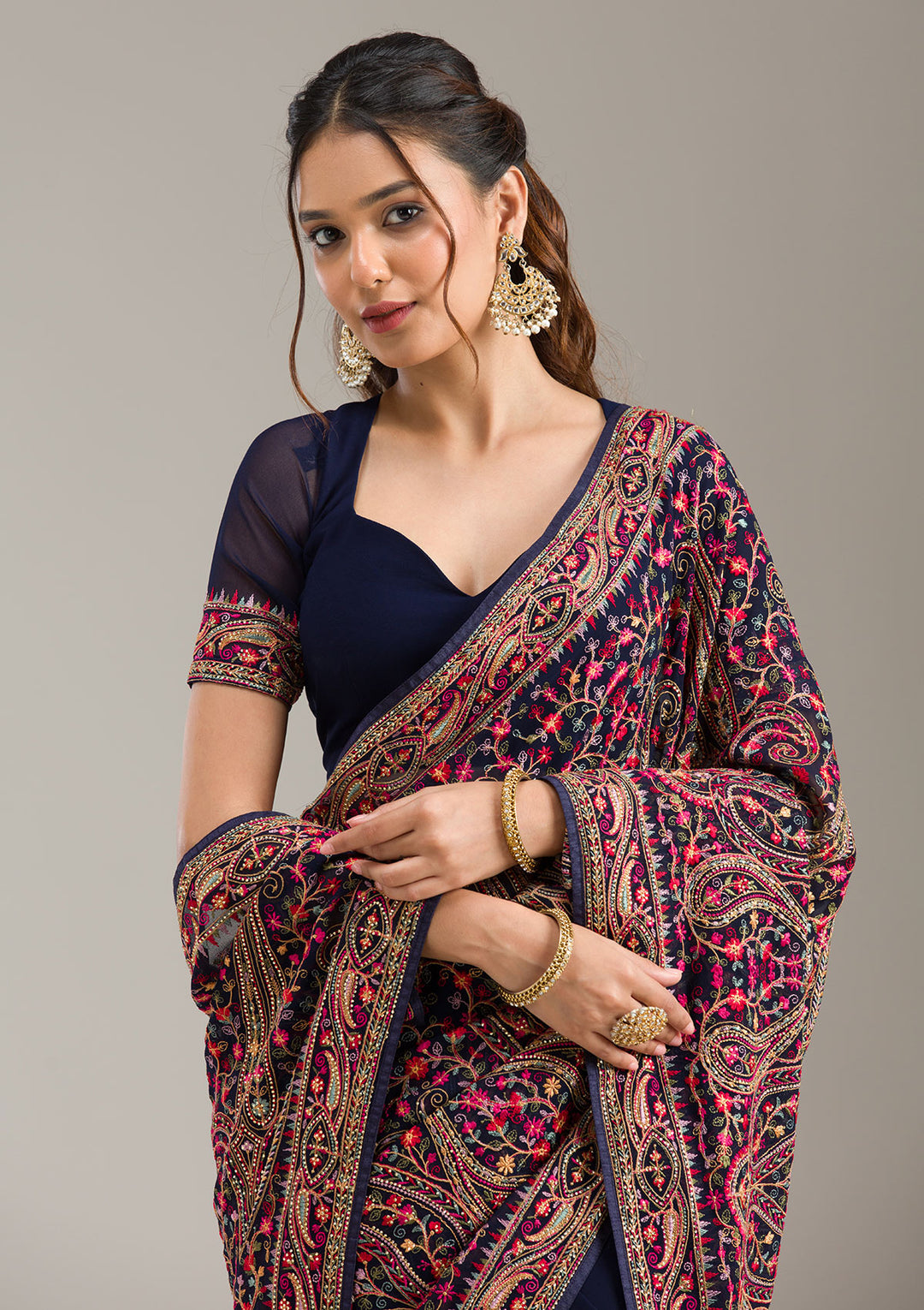 Navy Blue Zariwork (Gold) Organza Saree