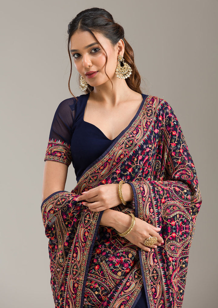 Navy Blue Zariwork (Gold) Organza Saree