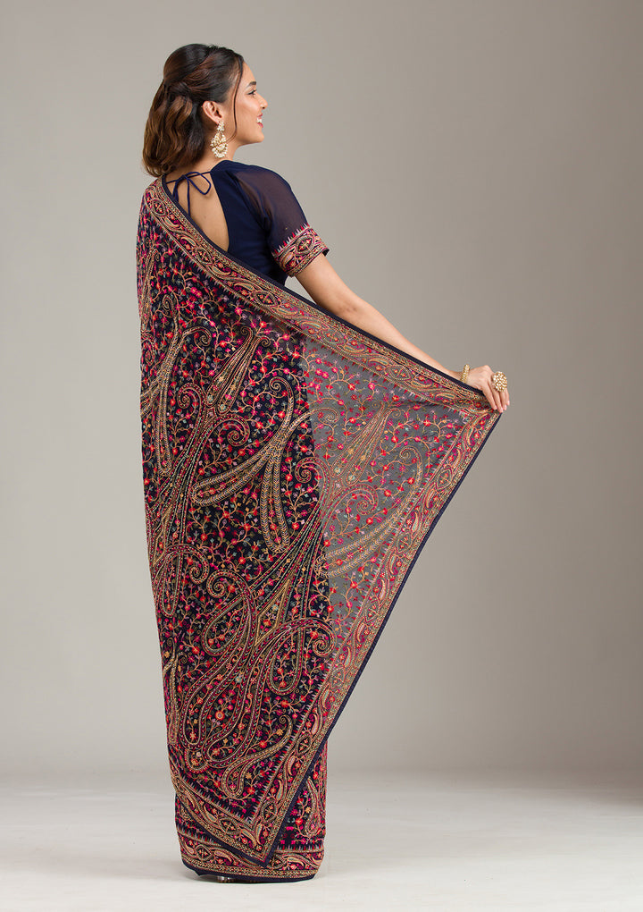 Navy Blue Zariwork (Gold) Organza Saree