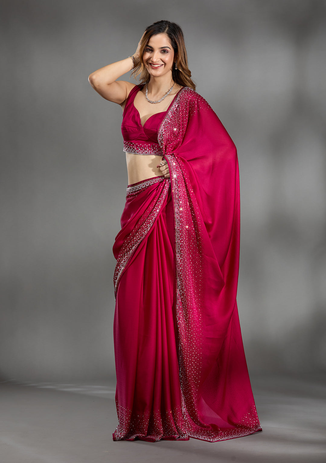 Rani Pink Stonework Chiffon Saree