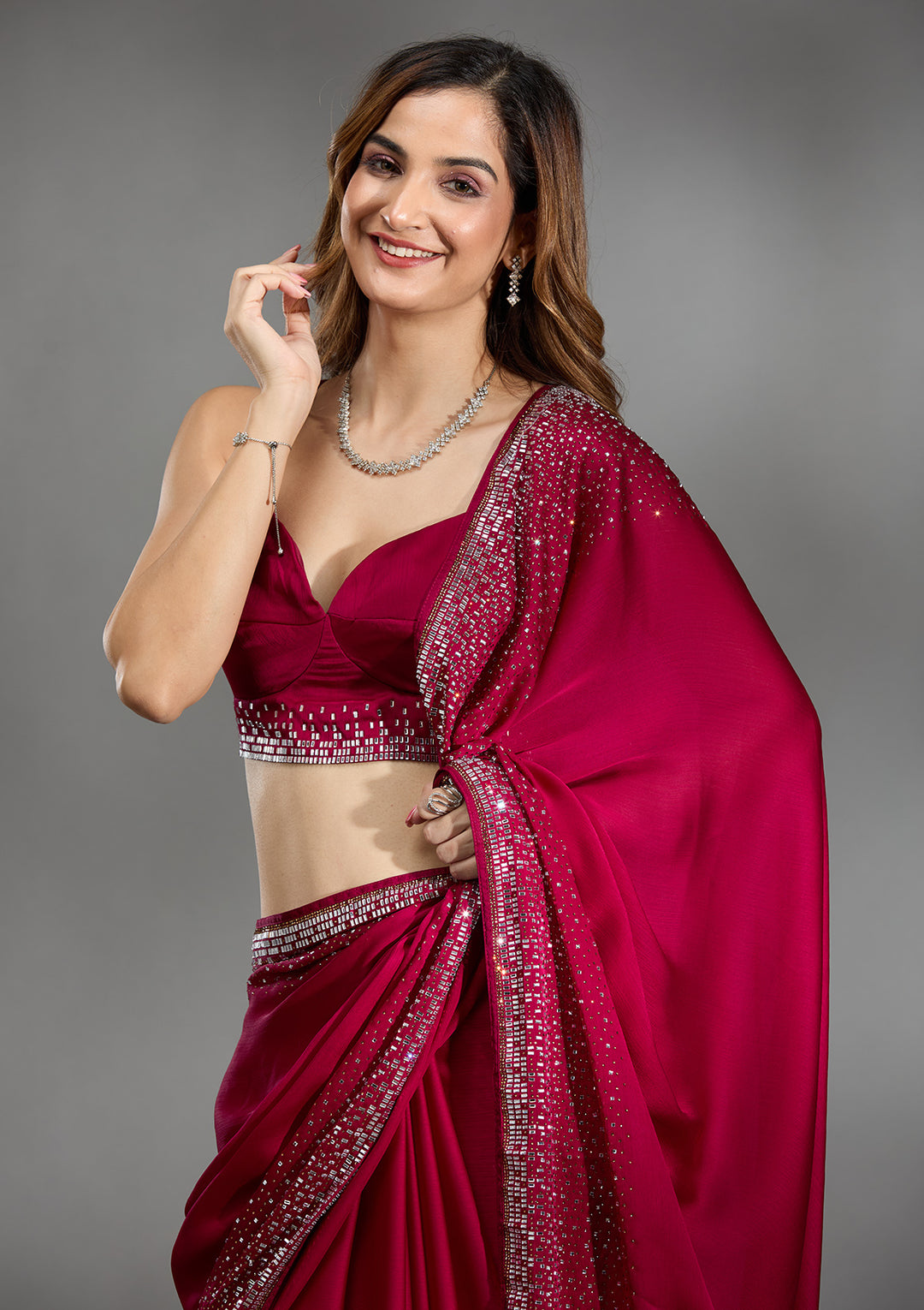 Rani Pink Stonework Chiffon Saree