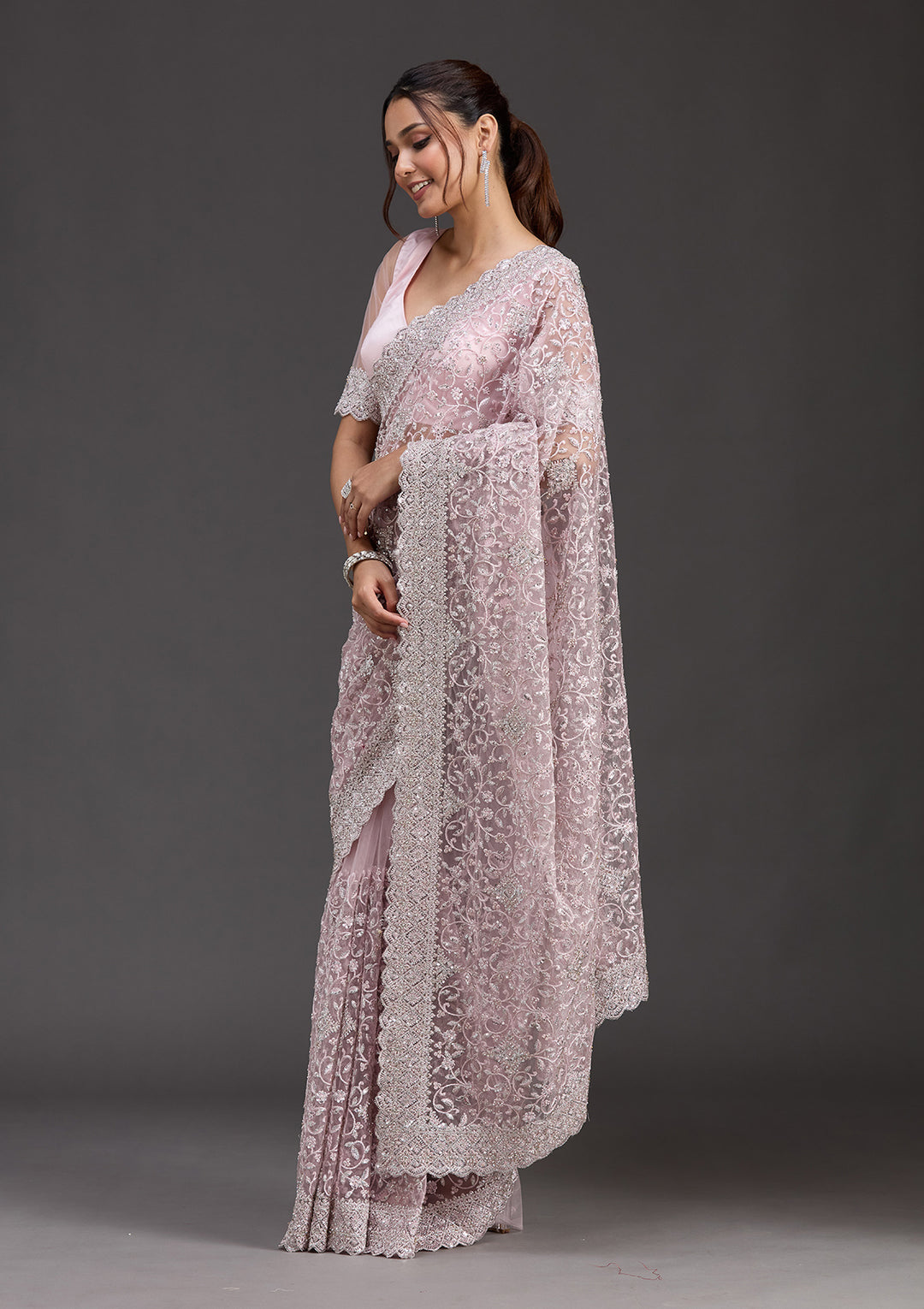 Pink Stonework Chiffon Saree