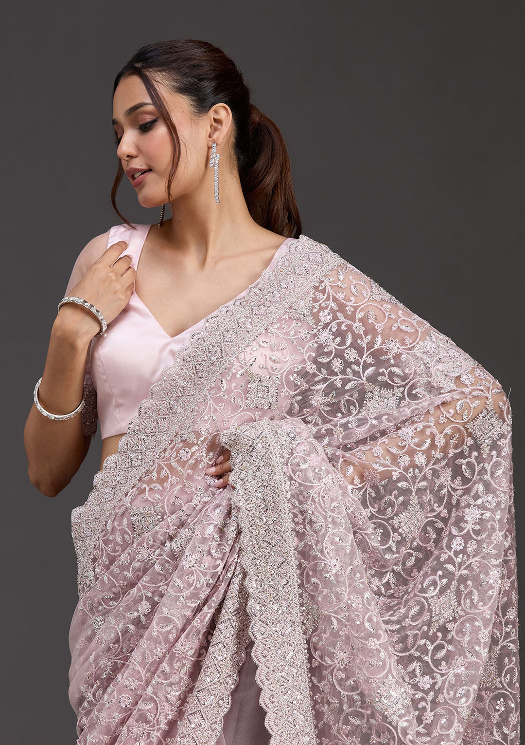 Pink Stonework Chiffon Saree