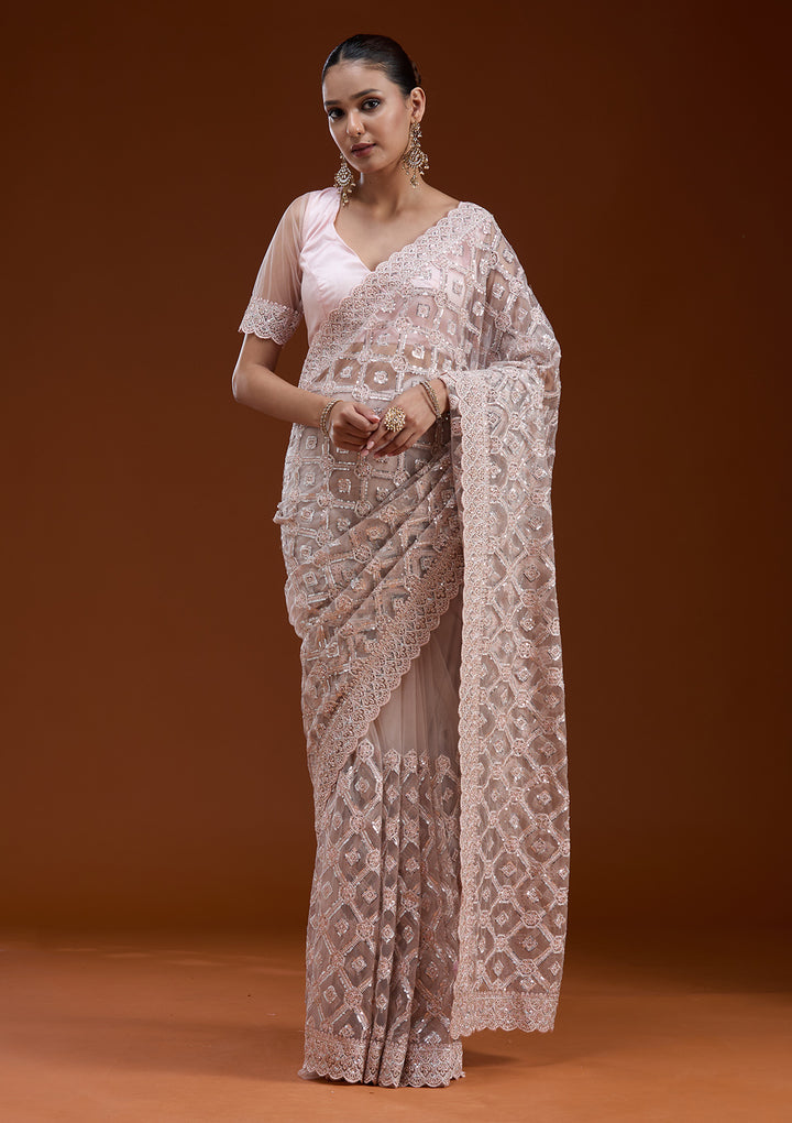 Peach Stonework Chiffon Saree