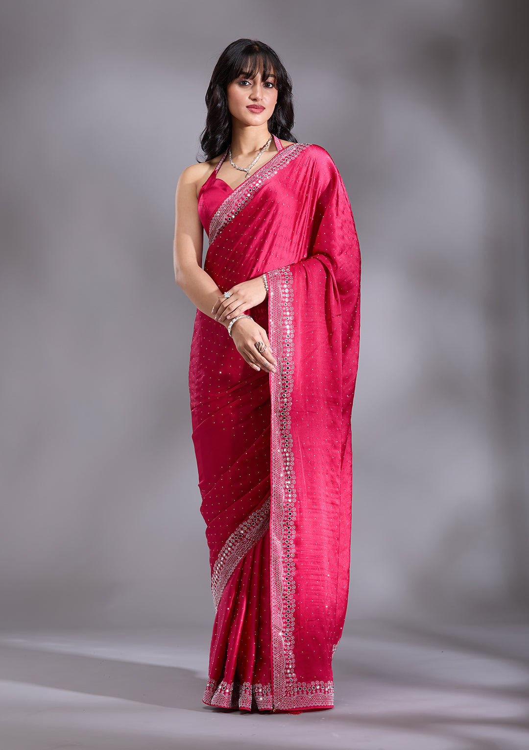 Rani Pink Silver Stonework Satin Saree
